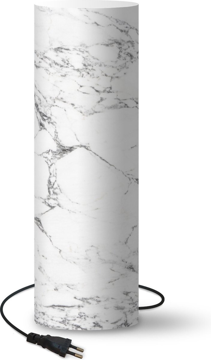 Lamp - Nachtlampje - Tafellamp slaapkamer - Zwarte patronen door wit marmer - 60 cm hoog - Ø19.1 cm - Inclusief LED lamp