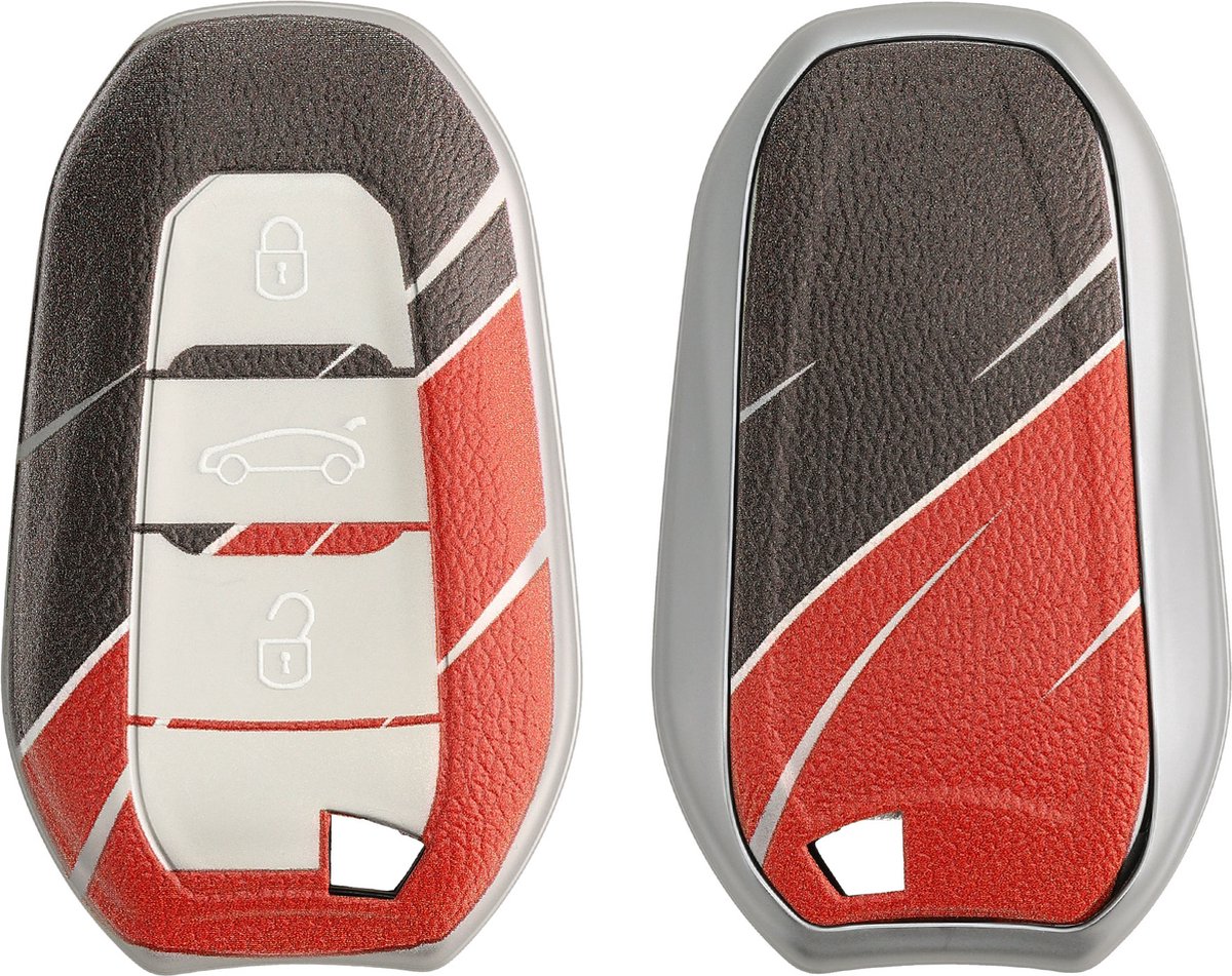 kwmobile autosleutelhoes geschikt voor Peugeot Citroen 3-knops Smartkey autosleutel (alleen Keyless Go) - Cover in grijs / zwart / rood - Kleurengolf design