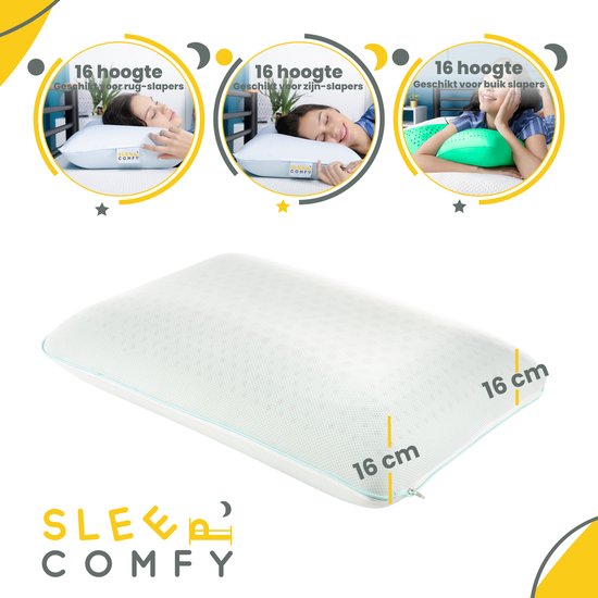 Vrouw op rug, zij en buik slapend op het 16 cm hoge neksteun kussen.