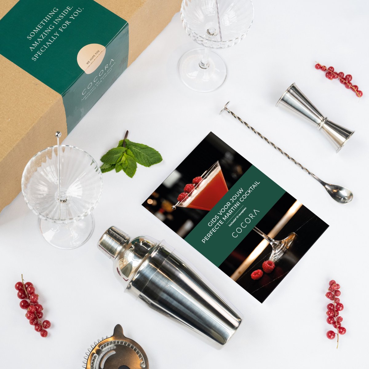 Cocora Set Martini 8 Pièces Luxe - Shaker Acier Inox, Verres Tritan, Livre 10+ Recettes Cocktails, Emballage Cadeau Élégant Argent