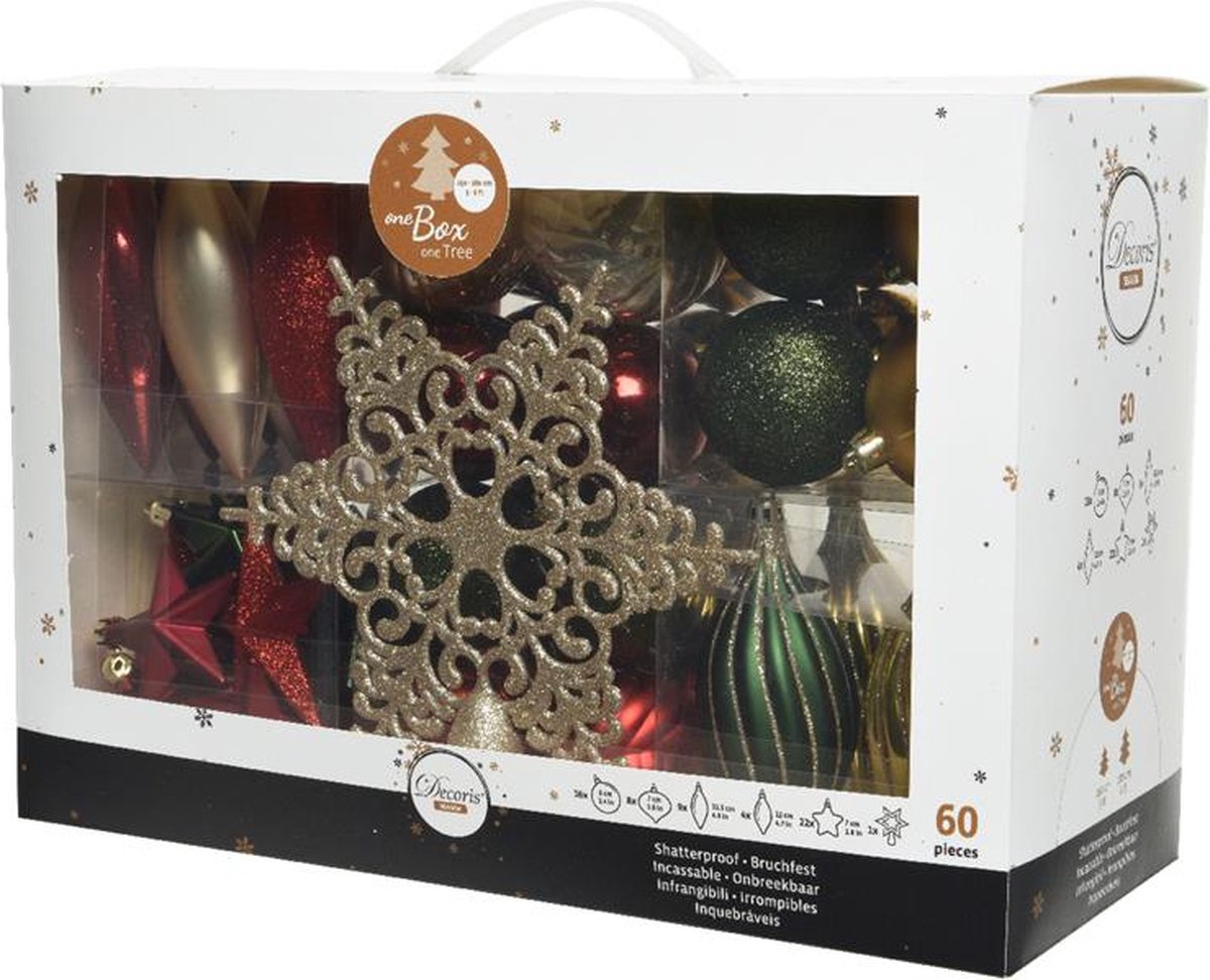 Decoris onbreekbaar Kerstballenset 59 assorti ballen met 1 piek pine green/ossenbloed/lichtgouden/parel