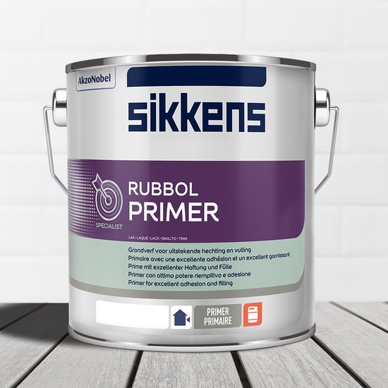 Blik Sikkens Rubbol Primer grondverf. Paarse en lichtgroene band met witte tekst. "PRIMER PRIMAIRE" logo's.