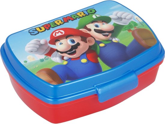 Boîte à pain bleue et rouge avec Super Mario sur le couvercle.