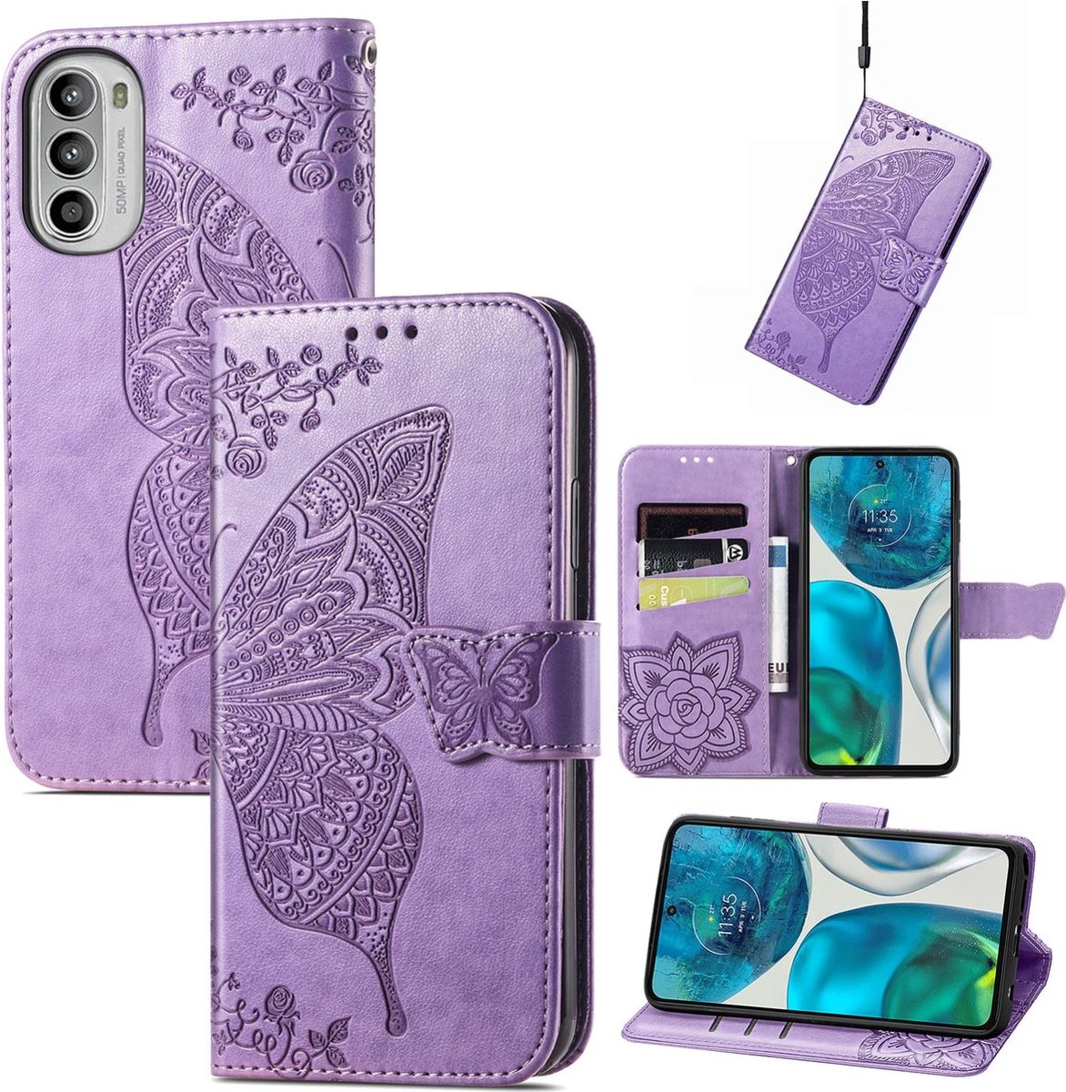 Mobigear Telefoonhoesje geschikt voor Motorola Moto G82 Hoesje | Mobigear Butterfly Bookcase Portemonnee | Pasjeshouder voor 3 Pasjes | Telefoonhoesje voor Pinpas / OV Kaart / Rijbewijs - Paars