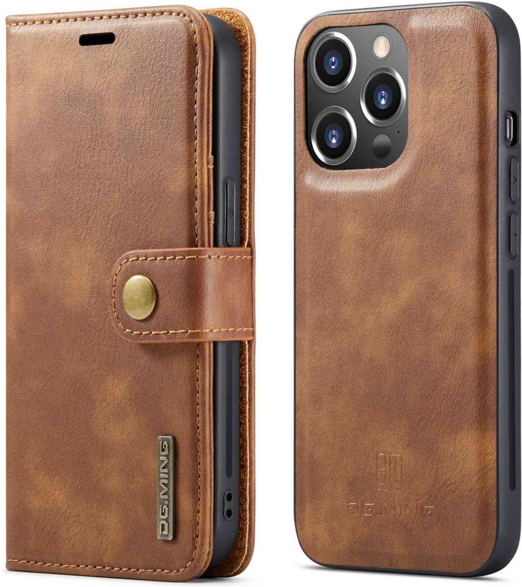 DG.MING Hoesje - Geschikt voor iPhone 14 Pro Hoesje - DG.MING 2-in-1 Book Case & Back Cover - Bruin