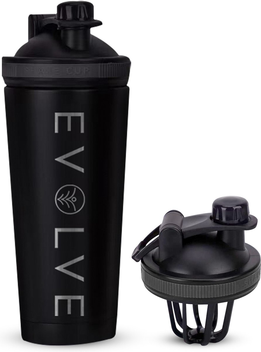 Goedkoopste Fit Evolve® Premium RVS Shake beker - Dubbelwandig Proteïne Shaker – Thermosfles - 720ml - Zwart