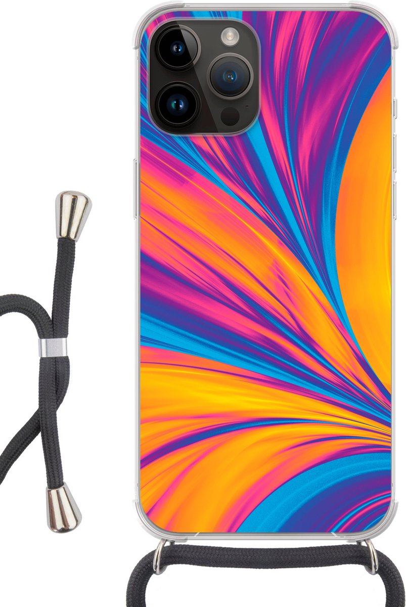 Telefoonhoesje Geschikt voor Apple Iphone 14 Pro Max - Veren - Regenboog - Neon - Abstract - Siliconen - Crossbody - Backcover met Koord - Telefoonhoesje met koord - Hoesje met touw Telefoonhoesje