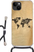 Geschikt voorApple Iphone 14 - Crossbody Case - Wereldkaart - Kaart - Spreuken - Siliconen - Crossbody - Backcover met Koord - Telefoonhoesje met koord - Hoesje met touw