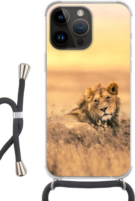 Telefoonhoesje Geschikt voorApple Iphone 14 Pro - Leeuwen - Gras - Lucht - Siliconen - Crossbody - Backcover met Koord - Telefoonhoesje met koord - Hoesje met touw