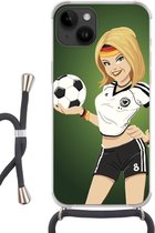 Geschikt voorApple Iphone 14 - Crossbody Case - Een illustratie van een meisje met Duitse kleding en een voetbal - Meiden - Meisjes - Kinderen - Siliconen - Crossbody - Backcover met Koord - Telefoonhoesje met koord - Hoesje met touw