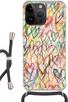 Geschikt voorApple Iphone 14 Pro - Crossbody Case - Een illustratie met hartjes op de achtergrond - Siliconen - Crossbody - Backcover met Koord - Telefoonhoesje met koord - Hoesje met touw