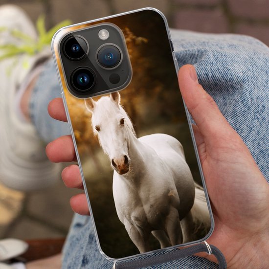 Étui de téléphone adapté à Apple iPhone 14 Pro - Cheval - Lumière - Soleil - Siliconen - Bandoulière - Coque arrière avec cordon - Étui de téléphone avec cordon - Étui avec corde Étui de téléphone