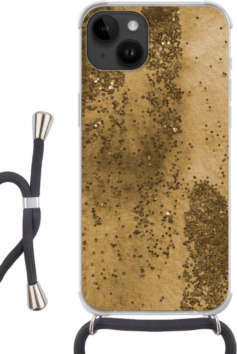 Telefoonkoord - Telefoonketting - Telefoonhoesje Geschikt voor Apple Iphone 14 - Goud - Glitter - Structuur - Siliconen - Crossbody - Telefoonhoesje met koord Telefoonhoesje