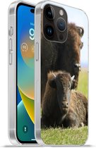 Geschikt voorApple Iphone 14 Pro - Softcase hoesje - Buffel - Gras - Kalf - Siliconen Telefoonhoesje