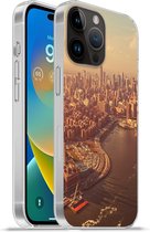 Geschikt voorApple Iphone 14 Pro - Softcase hoesje - New York - Skyline - Goud - Siliconen Telefoonhoesje