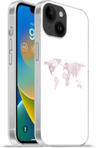 Geschikt voorApple Iphone 14 - Softcase hoesje - Wereldkaart - Marmer print - Roze - Siliconen Telefoonhoesje