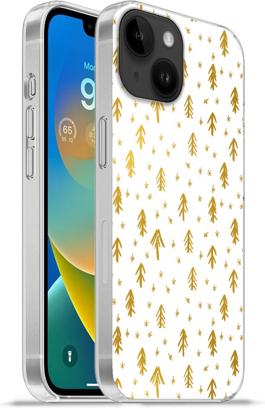 Geschikt voorApple Iphone 14 - Softcase hoesje - Dennentak - Kerst - Goud - Patroon - Siliconen Telefoonhoesje