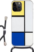 Geschikt voorApple Iphone 14 Pro Max - Crossbody Case - Compositie met geel, blauw en zwart - Piet Mondriaan - Siliconen - Crossbody - Backcover met Koord - Telefoonhoesje met koord - Hoesje met touw