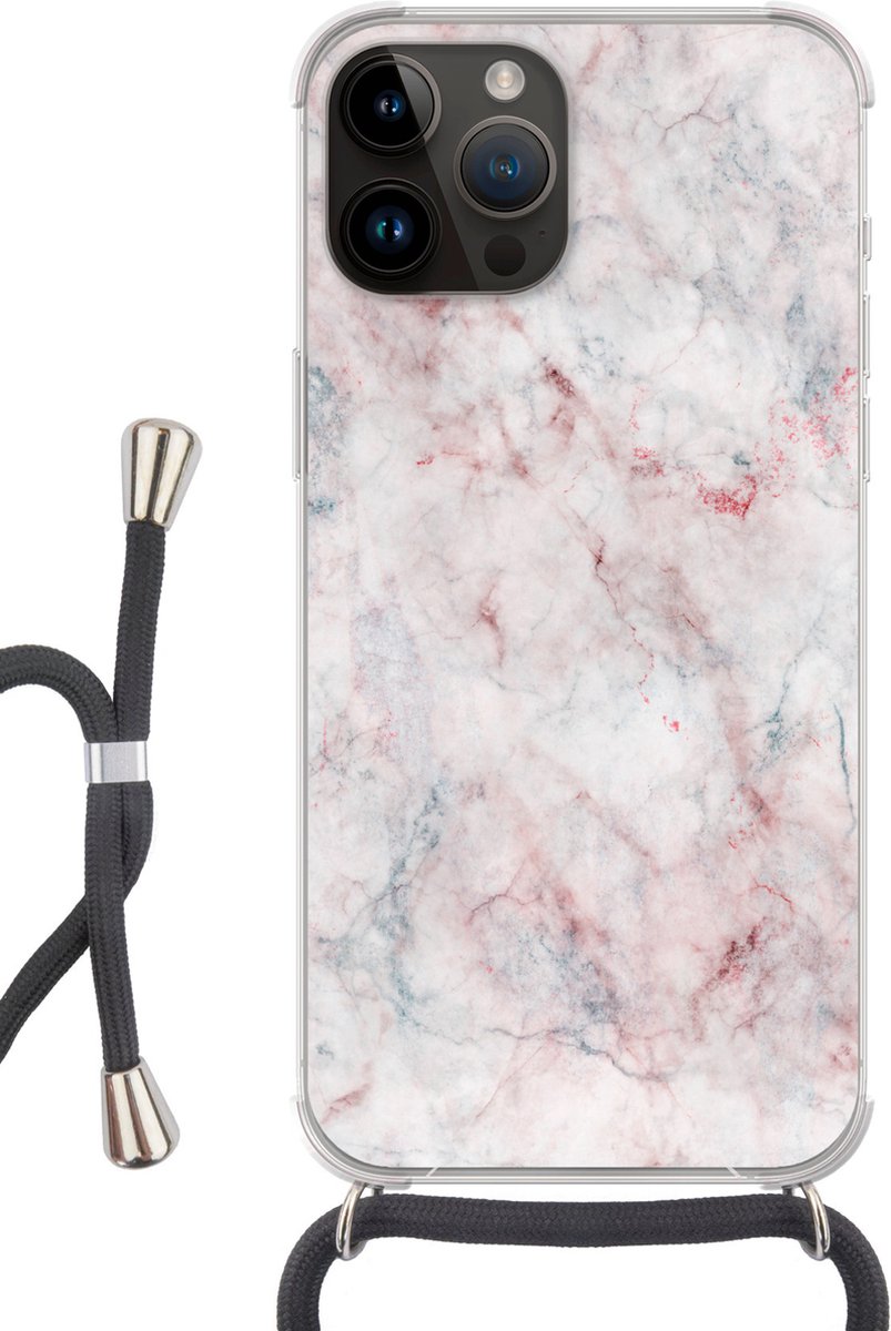 Telefoonkoord - Telefoonketting - Telefoonhoesje Geschikt voor Apple Iphone 14 Pro Max - Marmer printen - Rood - Natuursteen - Siliconen - Crossbody - Telefoonhoesje met koord Telefoonhoesje
