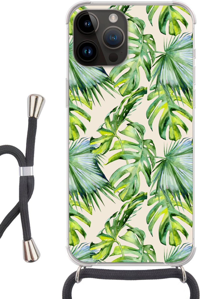 Telefoonkoord - Telefoonketting - Telefoonhoesje Geschikt voor Apple Iphone 14 Pro Max - Bladeren - Patronen - Monstera - Siliconen - Crossbody - Telefoonhoesje met koord Telefoonhoesje