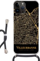 Telefoonkoord - Telefoonketting - Telefoonhoesje Geschikt voorApple Iphone 14 Pro Max - Villeurbanne - Kaart - Goud - Siliconen - Crossbody - Telefoonhoesje met koord