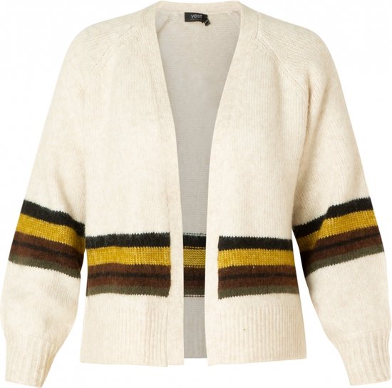 Gilet en maille blanc cassé avec des rayures horizontales sur les manches et la poitrine en ocre, marron et noir.