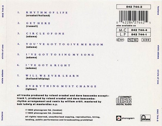 Achterkant CD album Oleta Adams - Circle of One, met tracklist.