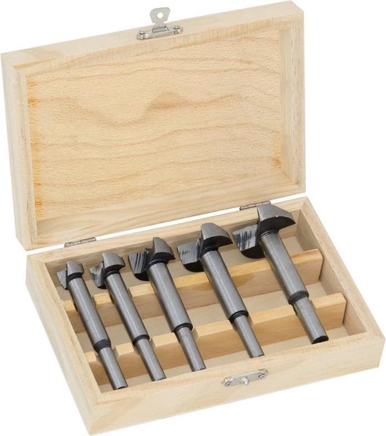 Houten kist met 5 metaal/houten boortjes met een brede snijrand.