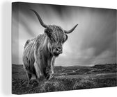 Canvas - Schotse hooglander - Natuur - Koe - Zwart wit - Schilderijen woonkamer - Canvas schilderij - Canvas doek - 90x60 cm - Muurdecoratie