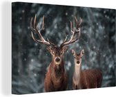 Canvas - Hert - Sneeuw - Dieren - Winter - Bos - Canvasschilderij - 180x120 cm - Canvas woonkamer - Schilderijen op canvas