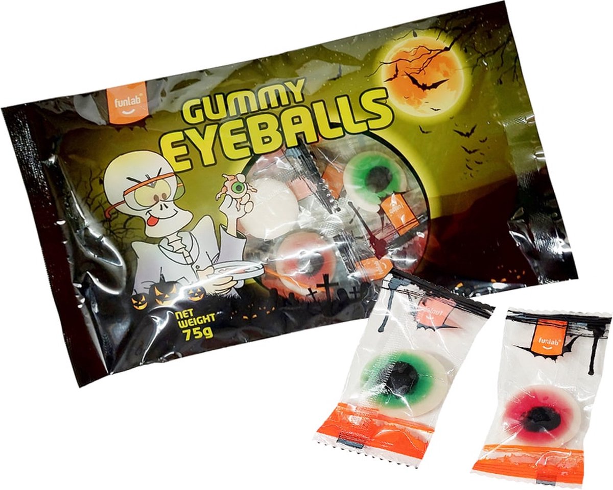 Funlab Gummy Eyeballs - zachte fruitgum balls - 24 zakjes x 75 gram