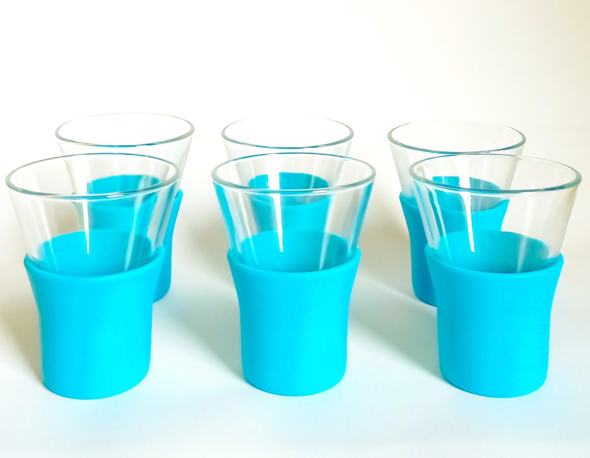 Bormioli Rocco koffie- en theeglazen met blauwe siliconen grip - 100 ml - Set van 6