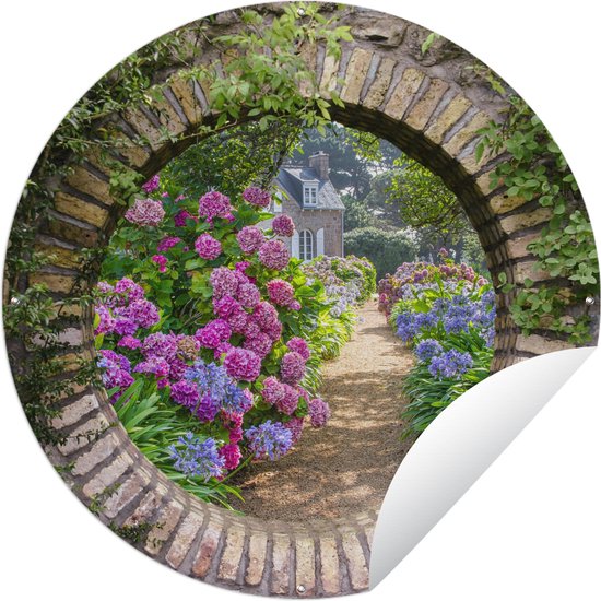 Tuincirkel Doorkijk - Bloemen - Hortensia - Zomer - 150x150 cm - Ronde Tuinposter - Buiten