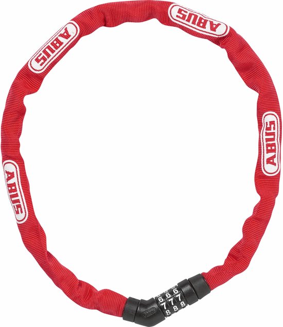 Rode kettingslot met het ABUS logo en een cijferslot. Het cijferslot heeft de cijfers 6, 7, 8.