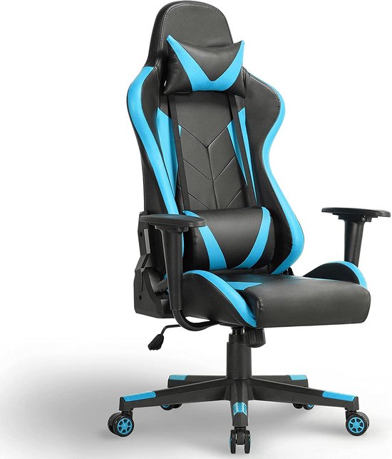 Gamingstoel, bureaustoel, draaistoel, racestoel, computerstoel, hoge rug, ergonomisch design met hoofdsteun en lendenkussen, PC-stoel, kunstleer, neonblauw