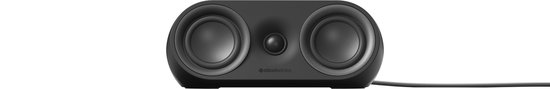 Zwarte soundbar speaker met dubbele drivers.