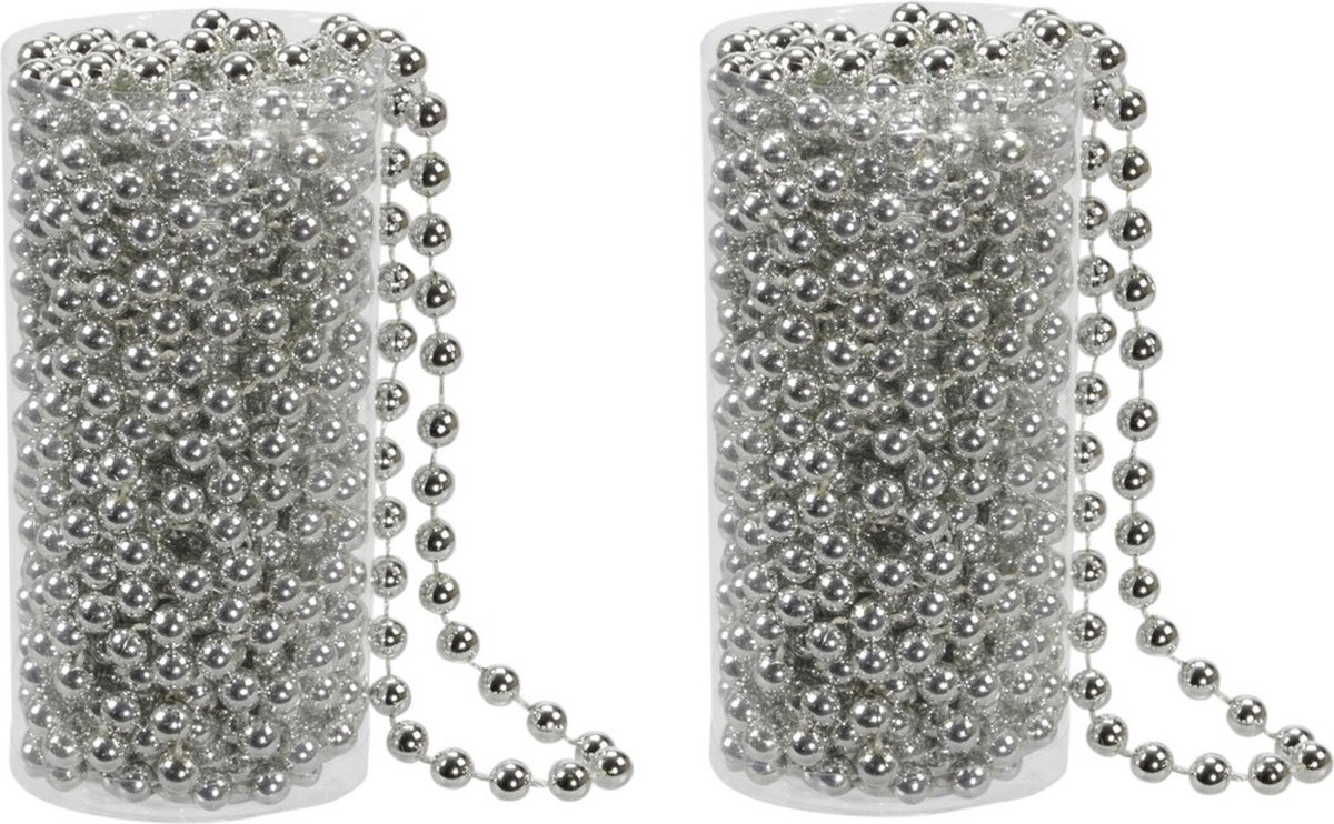 2x stuks kralenslingers kerstboom slingers/guirlandes zilver 8 meter - Kerstversiering kerstslingers
