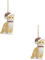 2x Kersthangers beige katten met kerstmuts 9 cm - kerstboomversiering / kerstornamenten katten