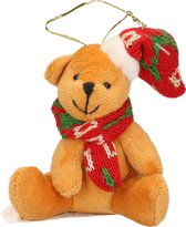 Kersthangers knuffelbeertjes beige met rode sjaal en muts 7 cm