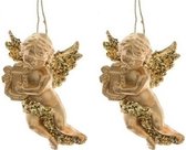 2x Gouden engelen met harp kerstversiering hangdecoratie 10 cm - Kerstversiering/decoratie