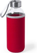 Glazen waterfles/drinkfles met rode softshell bescherm hoes 420 ml - Sportfles - Bidon