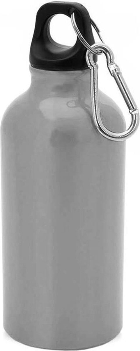 Aluminium waterfles/drinkfles zilver met schroefdop en karabijnhaak 400 ml - Sportfles - Bidon