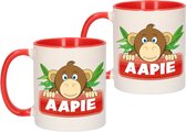 2x stuks aapie beker / mok - rood met wit - 300 ml keramiek - apen bekers