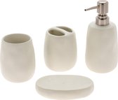 Ensemble d'accessoires de salle de bain/toilette en pierre 4 pièces blanc - Distributeurs/gobelets/porte-savon