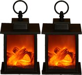 2x stuks sfeerhaarden/open haard lantaarns zwart met led verlichting L12 x B12 x H18,5 cm