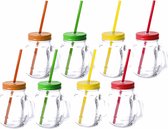 8x stuks Glazen Mason Jar drinkbekers met dop en rietje 500 ml - 4x kleuren, 2x stuks per kleur
