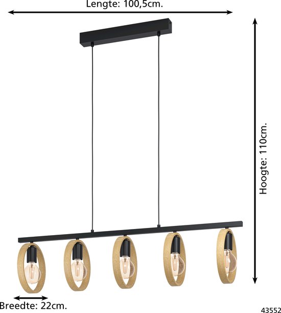 EGLO Ipsden Hanglamp - E27 - 100,5 cm - Zwart/Bruin