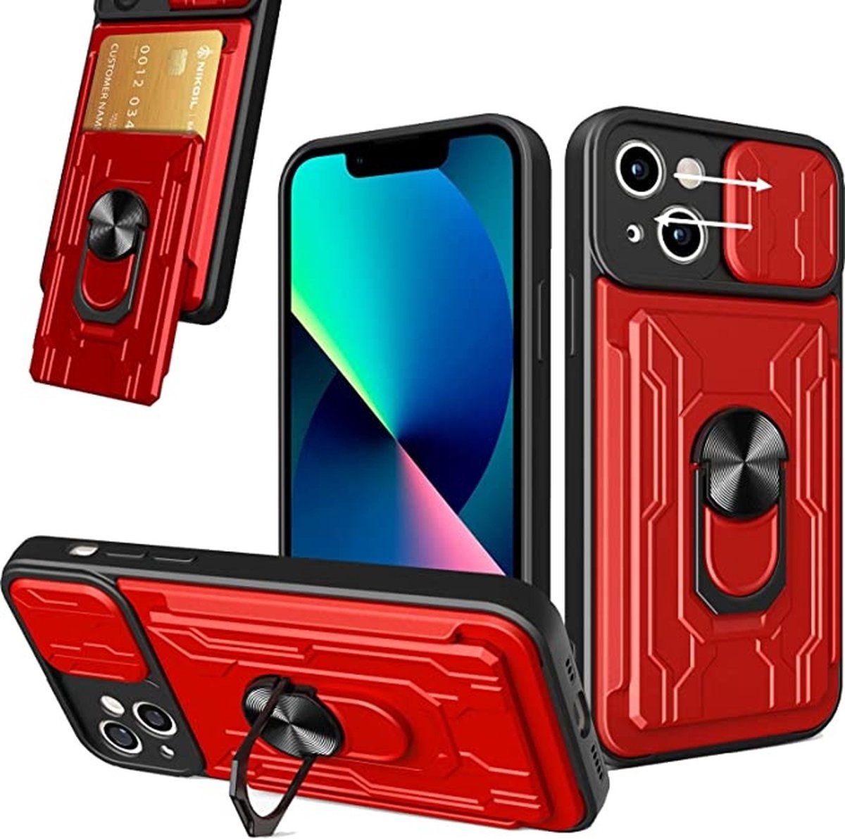 Hoesje Geschikt voor iPhone 12 / 12 Pro met pashouder / Ringhouder / lens bescherming – Rood