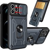 Hoesje Geschikt voor iPhone 12 Pro Max met pashouder / Ringhouder / lens bescherming – Grijs