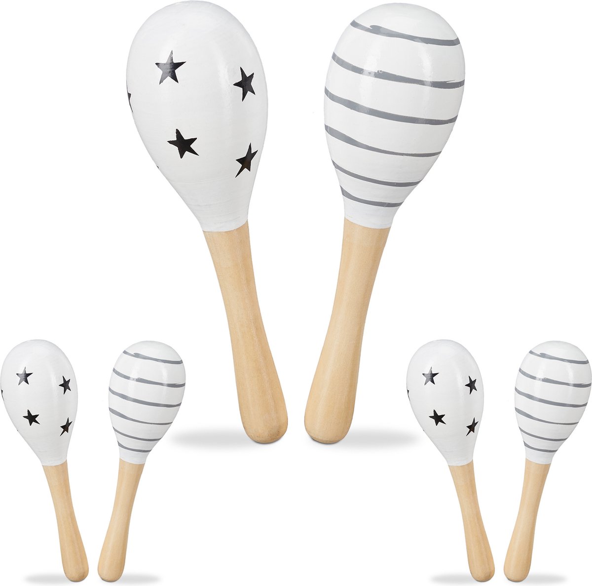 Relaxdays 6x sambabal voor kinderen maracas hout rammelaar wit